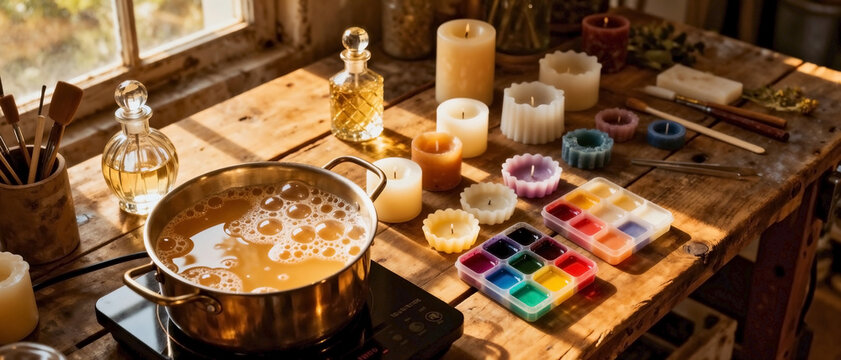 Rustic candle crafting station shows melting wax pot, diverse handmade candles, and fragrance bottles. Colorful dyes, molds, tools on workshop table define candle crafting station setup.