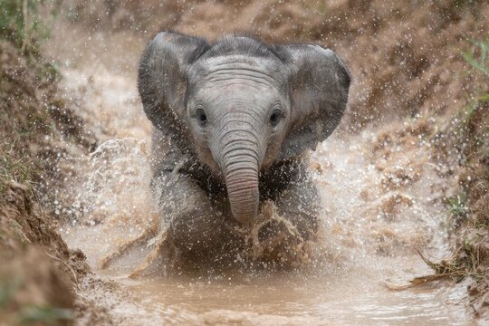Adorable baby elephant splashing through mud