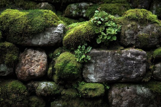 Moss-covered stone wall with vibrant greenery