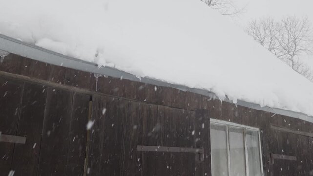 Heavy Lithuanian snow accumulation on a rustic roof, where the massive weight and pressure of overflowing ice actively breaks and detaches the metal rain gutter from the dark wooden eaves.