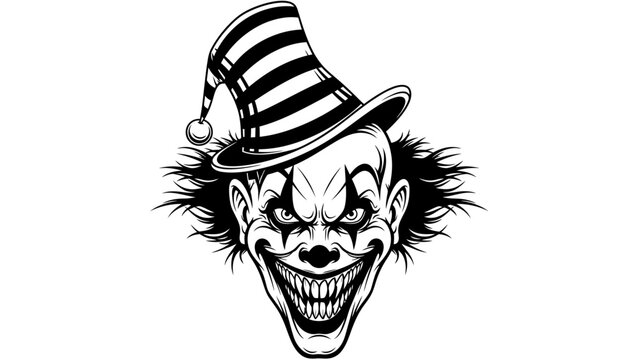 Scary Evil Clown Face with Striped Hat, Horror Halloween Character, Grinning Menacingly