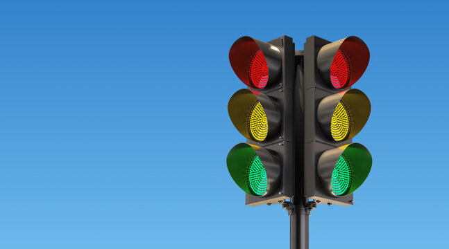 Traffic light with red, yellow, and green signals active on blue background, 3D rendering