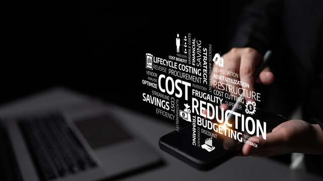 This image illustrates the concept of cost reduction and budgeting, featuring key terms on a dark background. A hand holds a smartphone, emphasizing modern financial strategies. Tessel