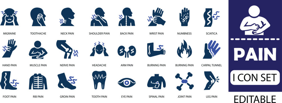 pain icon set - solid icon collection vector  illustration design. Pain is the quiet language of the body, whispering truths the soul cannot ignore.