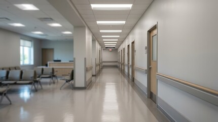 Fototapeta premium Vacant medical office corridor with sharply focused clean walls and ceiling lights the empty blurred waiting area exuding quiet calm.