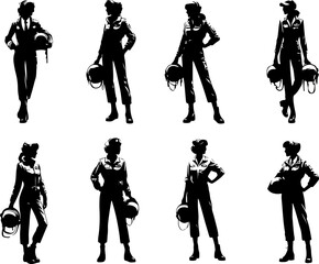 Vector sketch illustration of a silhouette design of a female airplane pilot with fighter jet flying skills © Darji