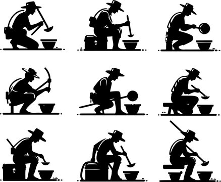 Vector sketch illustration of a silhouette design of mining workers looking for gold and silver commodities
