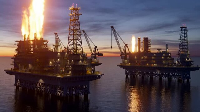 Oil rigs at sunset with flaring gas, showcasing energy production and the oil industry's impact on the environment