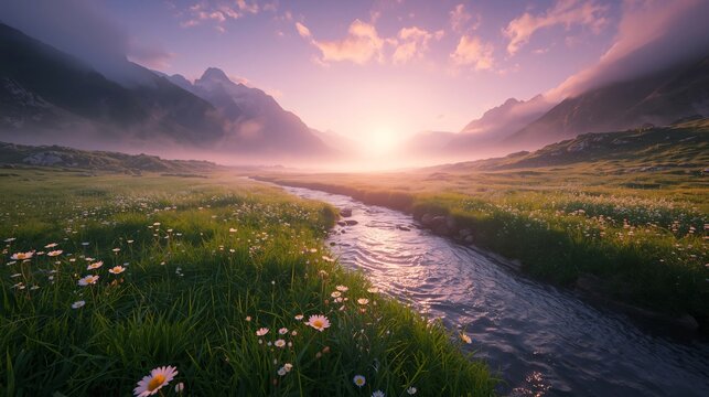 A misty mountain valley at sunrise with a stream winding through a wildflower meadow.
