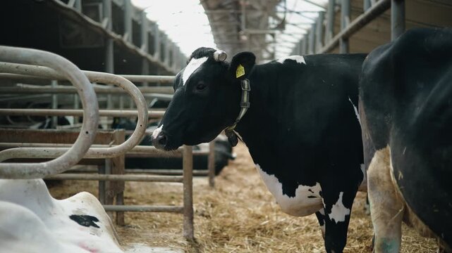 Cow turning head inside dairy barn stall interior with subtle pan, livestock farm concept.