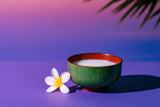 テーブルの上の花の隣にご飯を詰めたボウル
