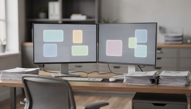 Organized medium shot of a private office showing dual monitors with appraisal software sharp paperwork piles on desk and filing cabinets blurred in the distance.