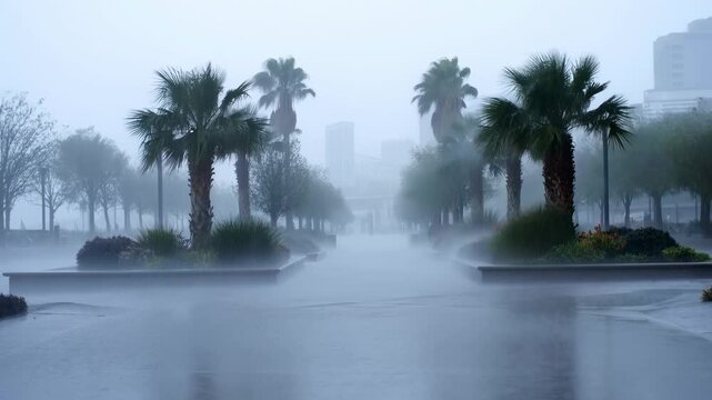 Serene waterfront park during a heavy rainstorm with palm trees swaying. A tranquil yet dramatic scene showcasing nature's power and beauty