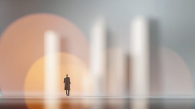 Businessman silhouette on a reflective surface gazes at a blurred financial chart and city skyline, symbolizing ambition, strategic planning, career growth, and new opportunities
