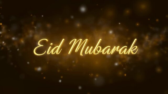 Elegant "Eid Mubarak" greeting with sparkling golden effects. Celebrating the joy and unity of Eid festivities with a festive ambiance
