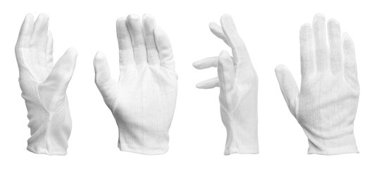Fototapeta premium Hand in cloth glove on white background, closeup. Set of gestures