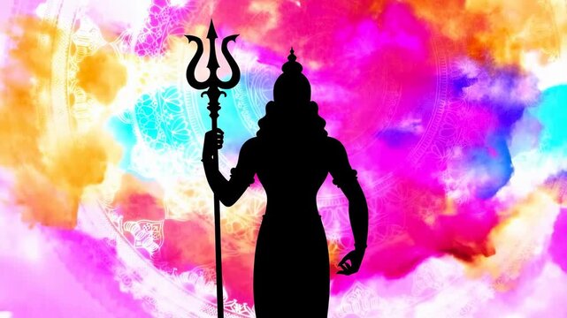 Silhouette of a deity holding a trident against a vibrant, colorful background. Symbolizes power, spirituality, and cultural significance in religious practices