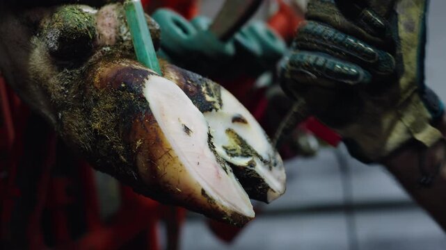 Vet doctor trimming cow hoof with angle grinder in farm setting, pedicure for cattle.