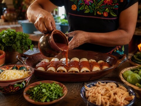 Frau gie&szlig;t Sauce &uuml;ber Enchiladas in rustikaler mexikanischer K&uuml;che
Authentische Zubereitung mexikanischer Enchiladas mit roter Sauce, H&auml;hnchen, K&auml;se und Kr&auml;utern