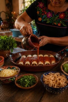 Frau gie&szlig;t Sauce &uuml;ber Enchiladas in rustikaler mexikanischer K&uuml;che
Authentische Zubereitung mexikanischer Enchiladas mit roter Sauce, H&auml;hnchen, K&auml;se und Kr&auml;utern