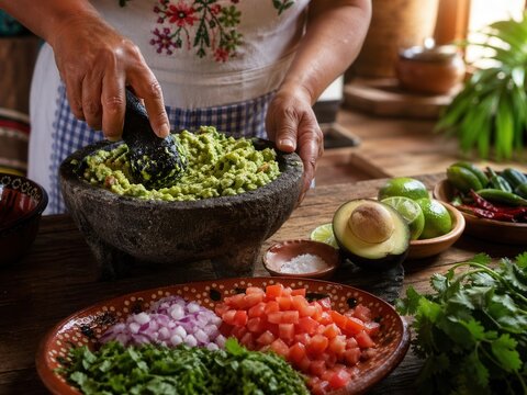 Traditionelle Guacamole in rustikaler K&uuml;che zubereiten
Frau bereitet Guacamole im Molcajete zu, umgeben von frischen Zutaten auf einem Holztisch.
