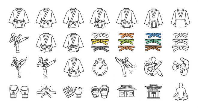 Martial Arts Icons and Illustrations: Karate Gi, Belts, Fighters, and Training Gear Collection