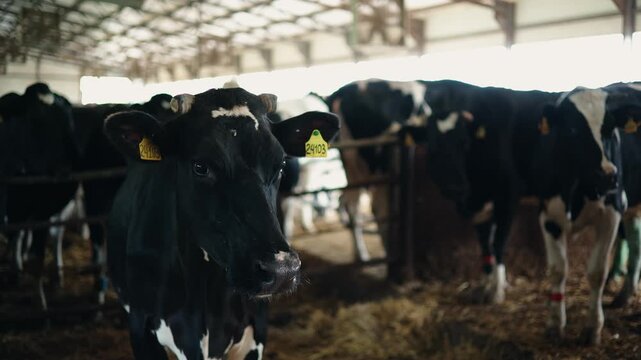 Dairy cows standing and approaching inside barn with soft natural light and hay bedding, sunlight.