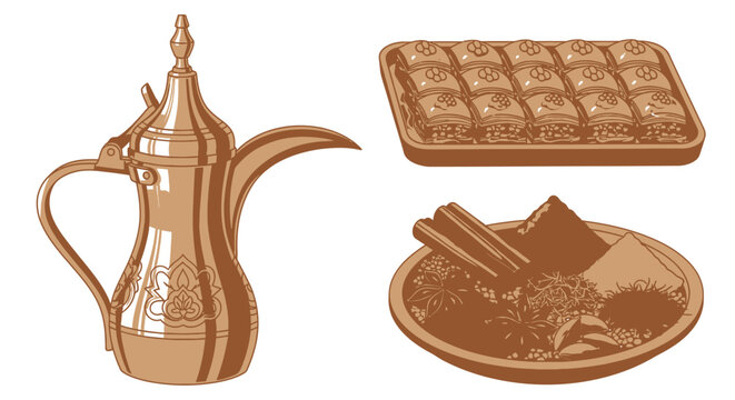 Traditional Arabic coffee pot with tray of baklava and sweets