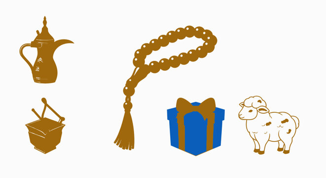 Traditional Arabic icons with dallah misbaha sheep and gift box