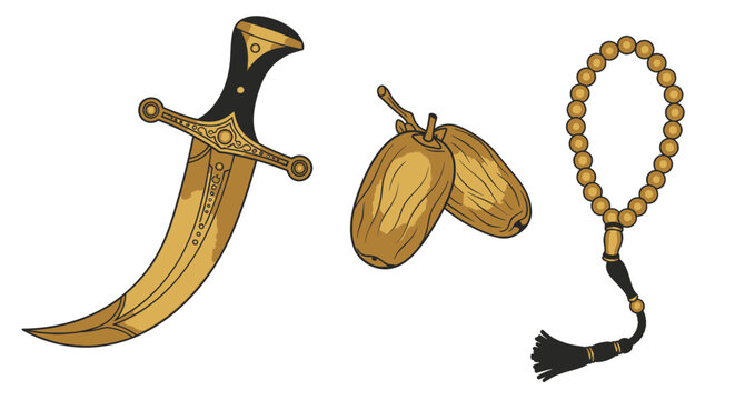 Traditional Arabian dagger with dates and prayer beads illustration