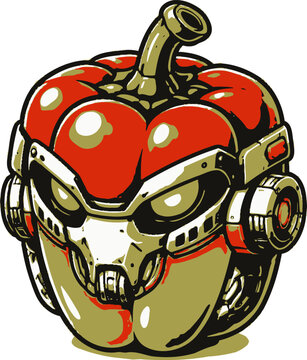 Red bell pepper cyborg character with robotic helmet and eye details, pixel art style