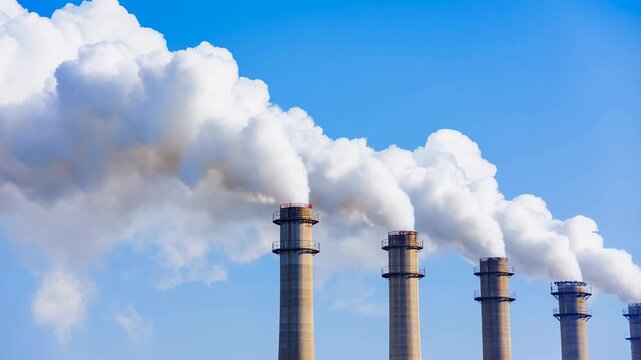 Industrial smokestacks releasing white smoke against a clear blue sky. Represents environmental impact and industrialization challenges