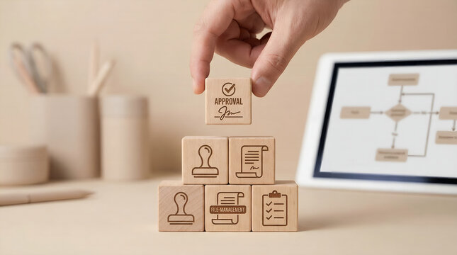 Wooden stamps with approval and document icons stacked, symbolizing business processes and validation