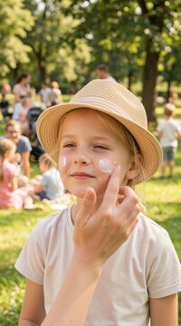 Vertical portrait of a young blonde girl getting sunscreen applied to her face. Mother putting sunblock cream on child's cheek in a sunny park. Summer skin care and sun protection concept