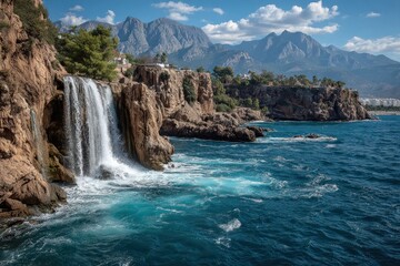Obraz premium Coastal cliffs with cascading waterfall into vibrant blue sea