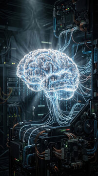 Vertical illustration of a glowing digital brain made of code. Artificial intelligence and neural network concept with wires connected to server hardware. Futuristic ai cybernetic technology
