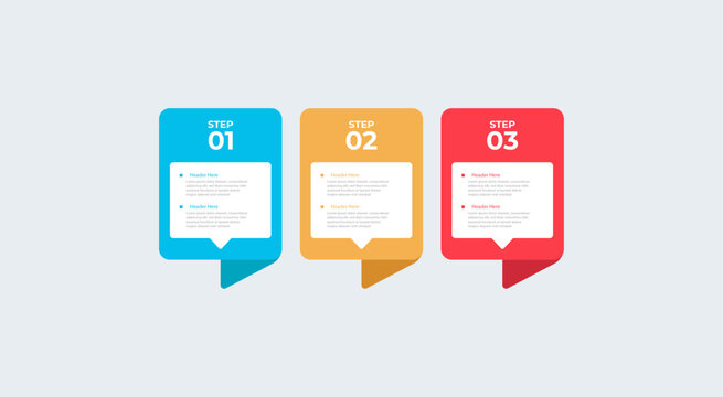 Illustrates a threestep infographic with headers and placeholder text.