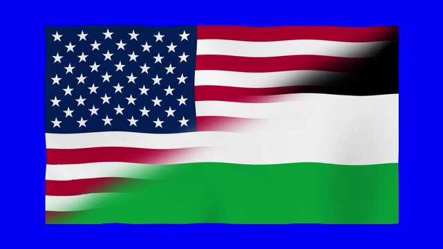 USA and Palestine Flag Waving Animation Blue Screen Chroma Key 4K Loop