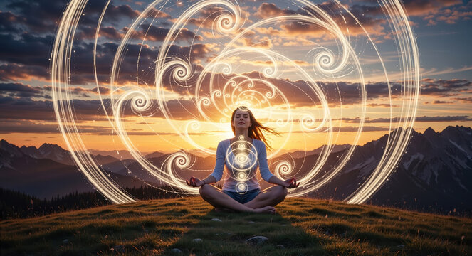 Woman meditating on a hilltop at sunset with glowing light spirals. Spiritual energy and mindfulness concept. Yoga pose with fractal patterns and mountain background