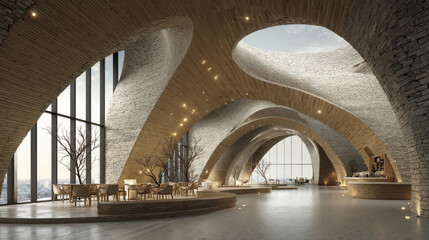 Naklejka premium Modern restaurant interior with futuristic organic architecture. Luxury lounge space featuring curved stone and wood arches and a city view