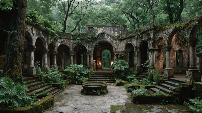 Overgrown ancient ruins of a stone temple in a dense forest. Mysterious abandoned courtyard with arches and columns reclaimed by nature. Fantasy background of a lost civilization