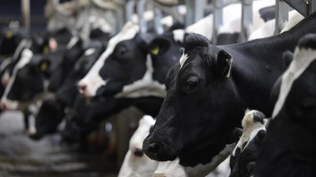 Dairy herd feeding and standing inside milking parlor aisle, livestock farm.