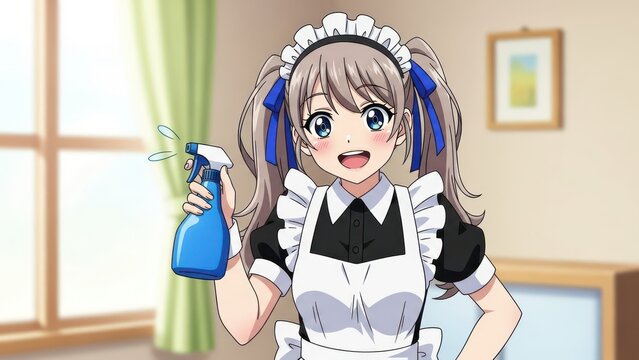 Anime-style illustration of a cheerful maid using cleaning spray with blue ribbons in her hair
