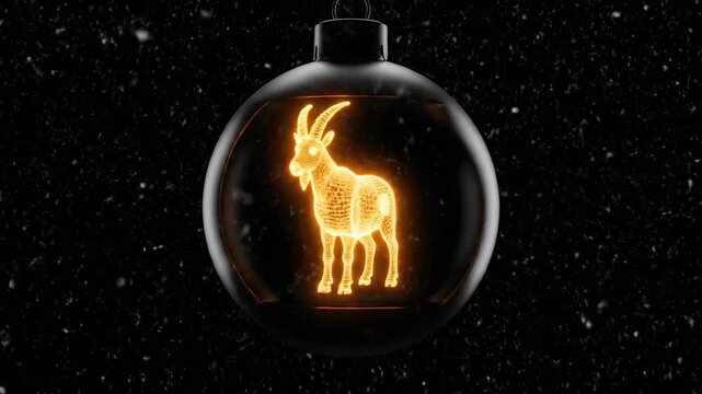 Glowing goat wireframe inside Christmas bauble ornaments. Digital zodiac animal hologram for holiday decoration. Futuristic seasonal greeting card design concept.