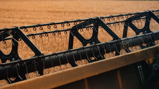 Tracking shot combine harvester cutting wheat across golden field at edge of woodland with forward.