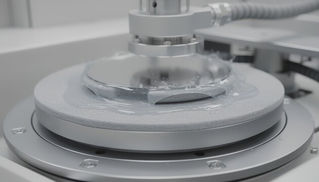 Medium shot of singleplaten CMP machinery showing detailed interaction between polishing pad and semiconductor wafer using slurry fluid for surface planarization.