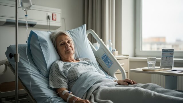 Pensive senior patient resting in hospital bed with intravenous drip attached for medication