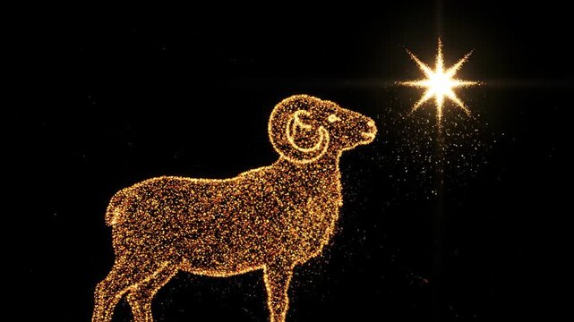 Golden ram zodiac sign emerging from sparkling stardust particles. Abstract celestial sheep formation against night sky. Astrological constellation animation sequence.