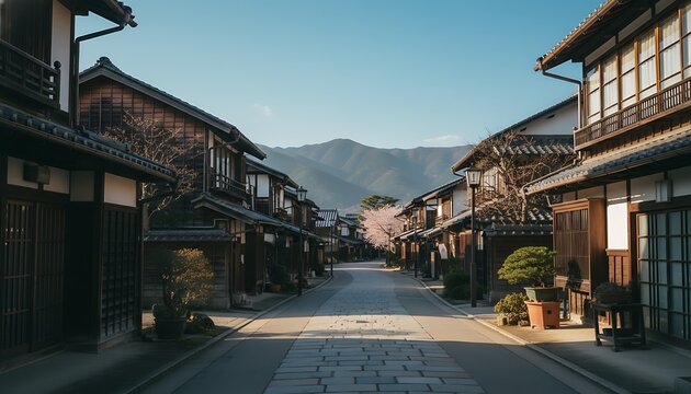 Quiet Traditional Street in Japan with Wooden Buildings and Mountain Backdrop
