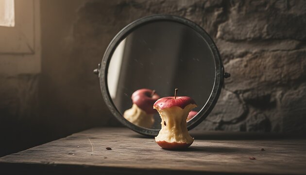 Rustic Still Life Apple Core in Front of Round Mirror